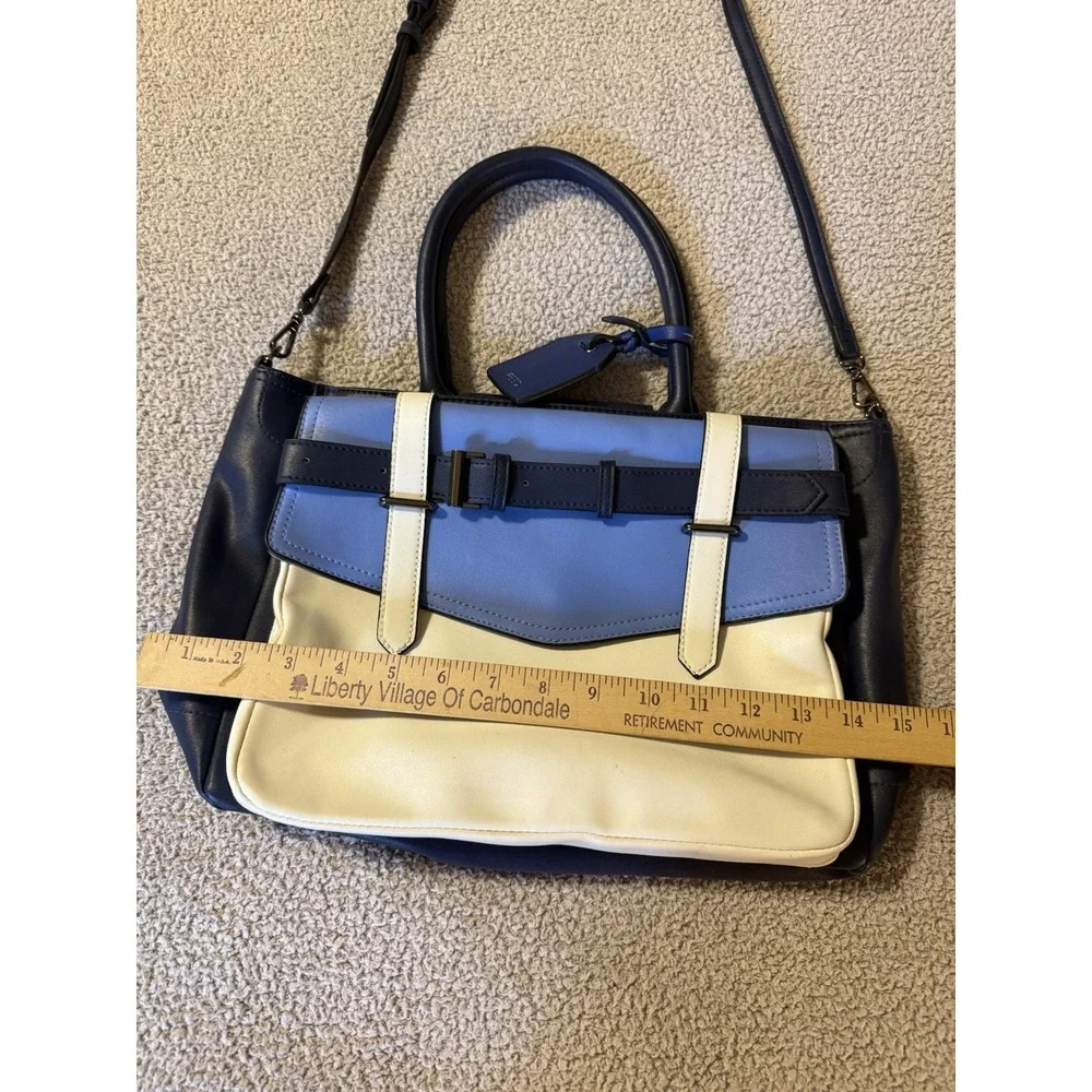REED KRAKOFF Faux Leather Satchel Blue Handbag American Luxury Large w/ Strap